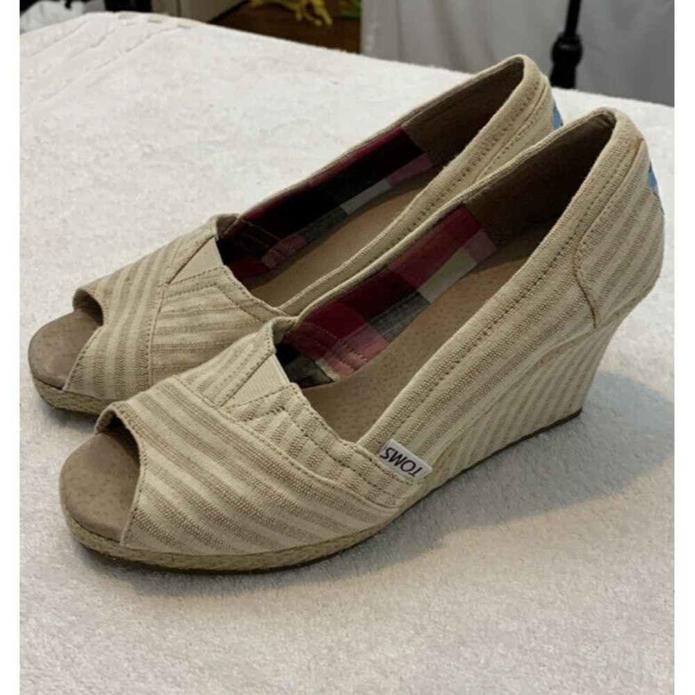 Toms Espadrilles Wedges Womens Size 7.5 Khaki Striped Open Toe